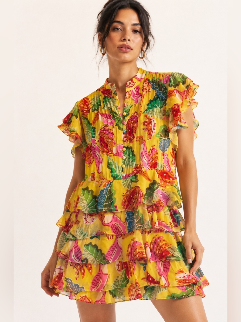 Farm Rio Beaks & Bananas Yellow Mini Dress Tiered Ruffle Resort Tropical Print